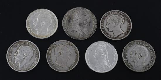 Seven George III to George V shillings;